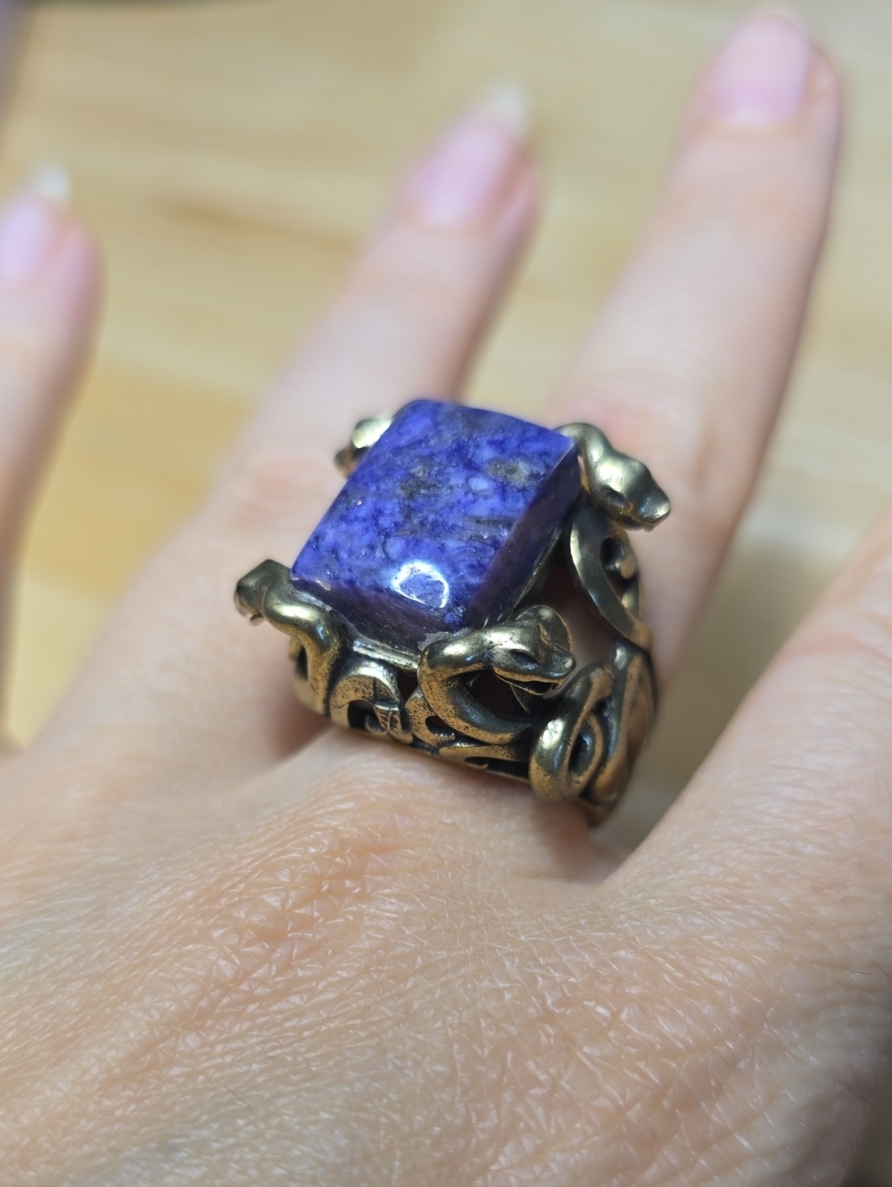Ornate Brass Snake Ring with Authentic Purple Charoite Gemstone Adjustable Band